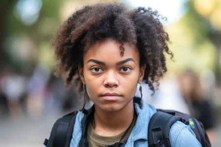 a young woman wearing a backpack looking at the cameraの素材