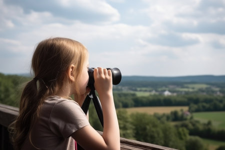 a young girl in binoculars looking at the viewの素材