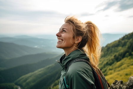 a young woman smiling while looking at the view from a mountain topの素材