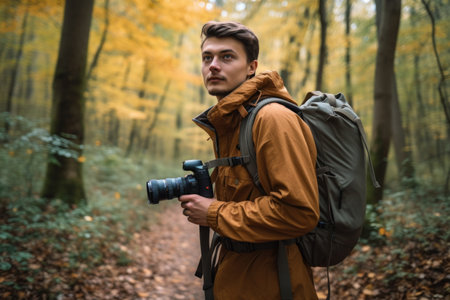 a young man hiking in the forest with a cameraの素材