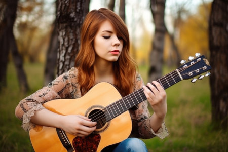 portrait of a beautiful young woman playing the guitar outdoorsの素材