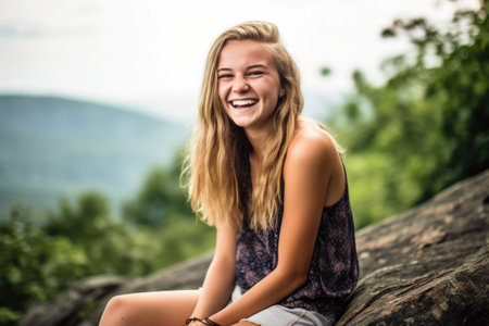 a young woman smiling while sitting on a mountain rockの素材
