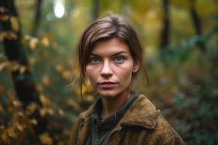 a young woman looking at the camera while standing in a forestの素材