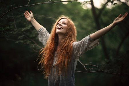 shot of a young woman standing with her arms raised in natureの素材