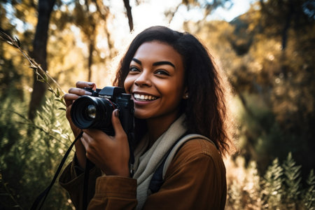 shot of a young woman holding up her camera and smiling in natureの素材