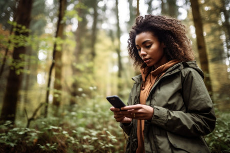 shot of a young woman using her mobile phone in the forestの素材