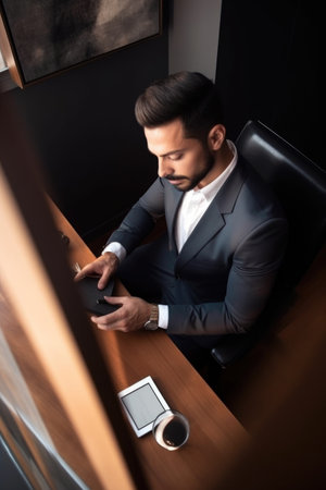 high angle shot of a handsome young businessman using a tablet in his officeの素材