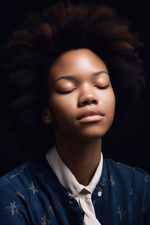 a cropped image of a young woman sitting with her eyes closedの素材