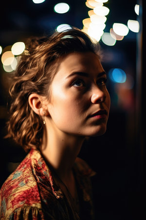 shot of a woman looking away with bright lights behind herの素材