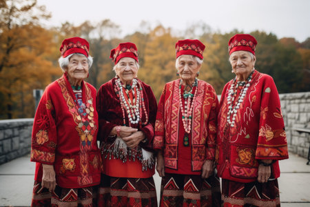 shot of a group of seniors in their native clothing standing together outsideの素材