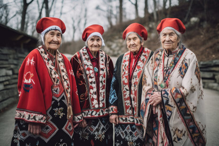 shot of a group of seniors in their native clothing standing together outsideの素材