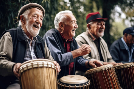 shot of a group of senior men having fun while playing music on traditional instruments at an outdoor eventの素材