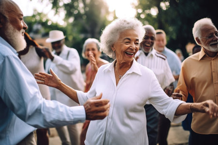 shot of a group of senior people dancing at an outdoor eventの素材