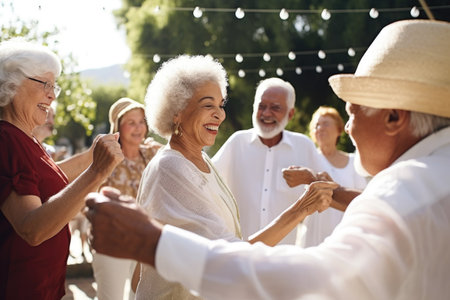 shot of a group of senior people dancing at an outdoor eventの素材