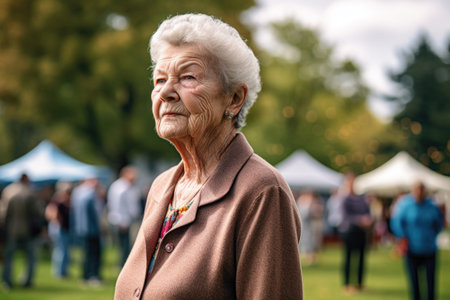 image of a senior woman standing outdoors at an eventの素材