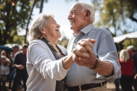 a happy senior couple dancing to upbeat music at an outdoor eventの素材