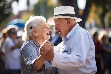a happy senior couple dancing to upbeat music at an outdoor eventの素材