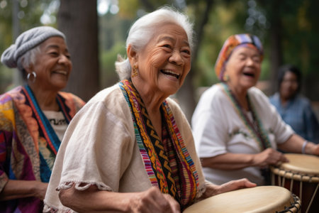 a senior woman enjoying a drum performance with her friends at an outdoor eventの素材