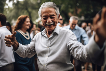 shot of a senior man dancing outdoors at an eventの素材