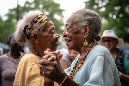 two seniors dancing together at an outdoor eventの素材