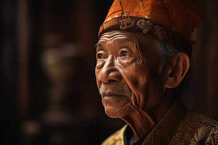 shot of a senior man in a traditional indonesian outfitの素材