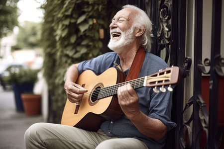shot of a senior man sitting outside with his guitar and singingの素材
