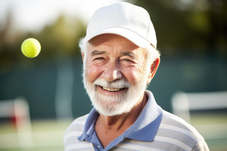 portrait of a happy senior man preparing to serve in an outdoor tennis matchの素材