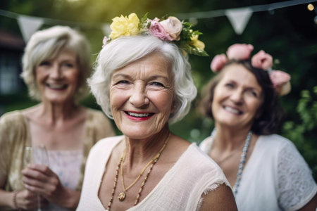 a mature woman smiling with her friends at a garden partyの素材