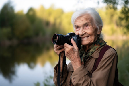 a happy senior woman happily holding a camera to take pictures of nature outsideの素材