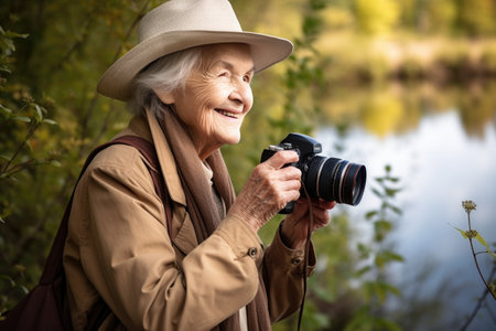 a happy senior woman happily holding a camera to take pictures of nature outsideの素材