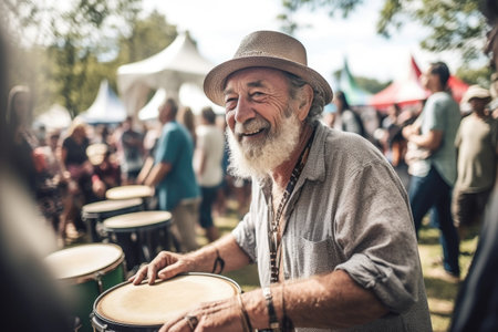 shot of a mature man playing the drums outdoors during a festivalの素材
