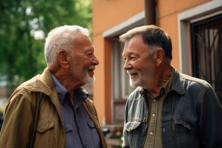 shot of two senior friends talking together outsideの素材