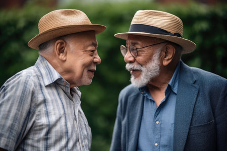 shot of two senior friends talking together outsideの素材