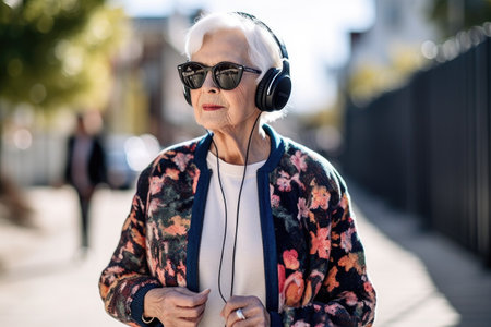 shot of a senior woman standing outside while wearing headphonesの素材