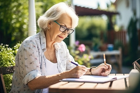 shot of a senior woman doing some writing outsideの素材
