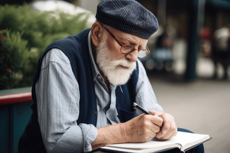 shot of a senior man writing in his journal outsideの素材