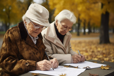 a happy pair of senior friends writing together in the parkの素材
