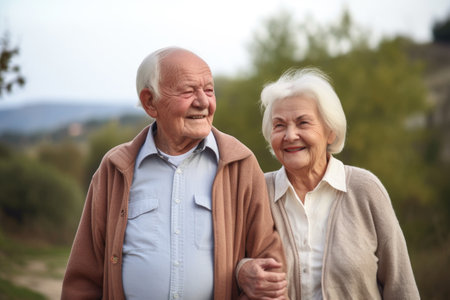 portrait of a happy senior couple walking together outsideの素材