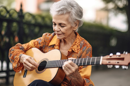 shot of a senior woman playing the guitar outsideの素材