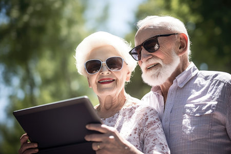 a smiling senior couple standing outside with a digital tablet and wearing sunglassesの素材