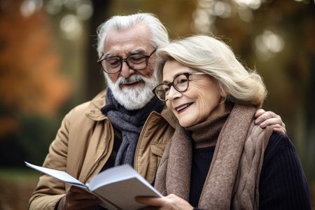 shot of an affectionate senior couple reading outdoorsの素材