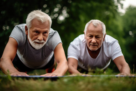 shot of senior men doing yoga together outsideの素材