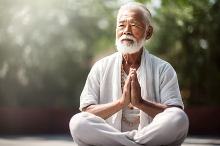 shot of a senior man meditating outsideの素材