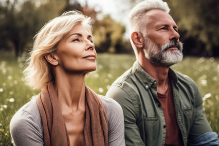 shot of a couple meditating with their eyes closed on the grassの素材