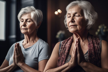 shot of two senior women meditating togetherの素材