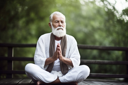 shot of a senior man meditating outdoorsの素材