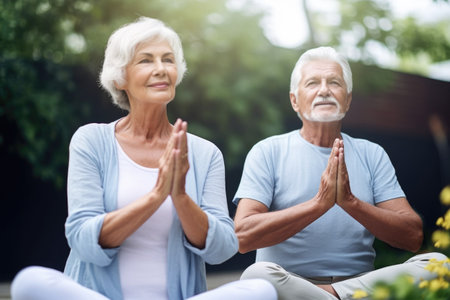 shot of a senior couple meditating together outdoorsの素材