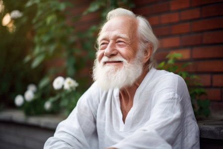 portrait of a happy senior man doing yoga outsideの素材