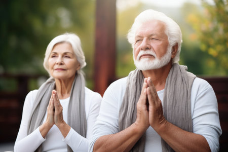 shot of a senior couple meditating outdoorsの素材