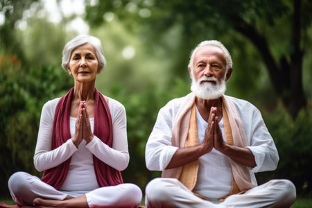 shot of two seniors meditating together outdoorsの素材